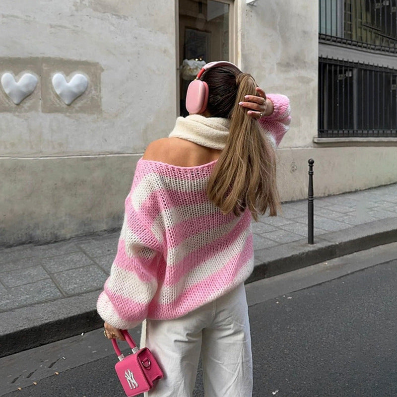 Striped Loose Knit Pullover Sweater – Women's