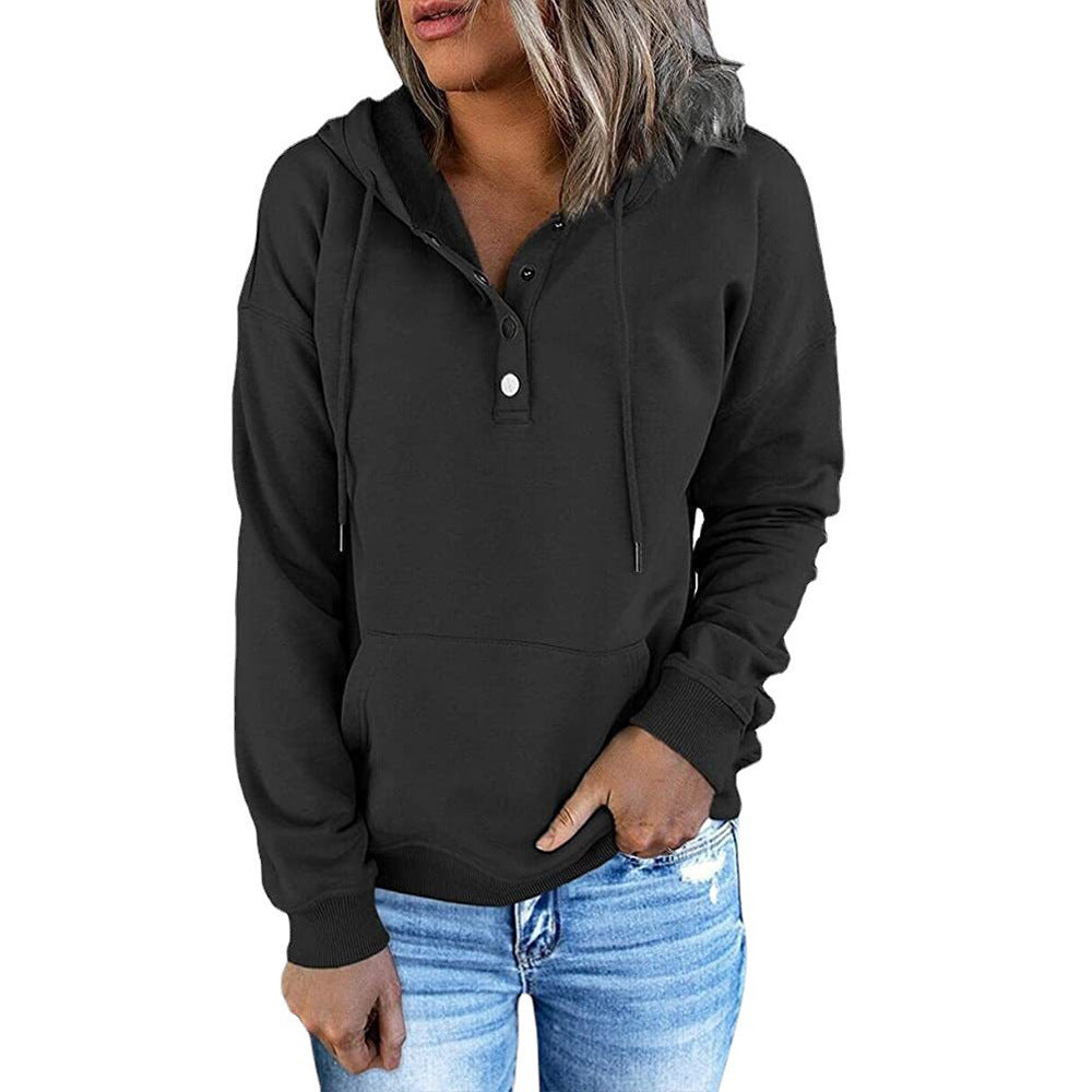 Button-Neck Hooded Sweatshirt with Pockets – Women's