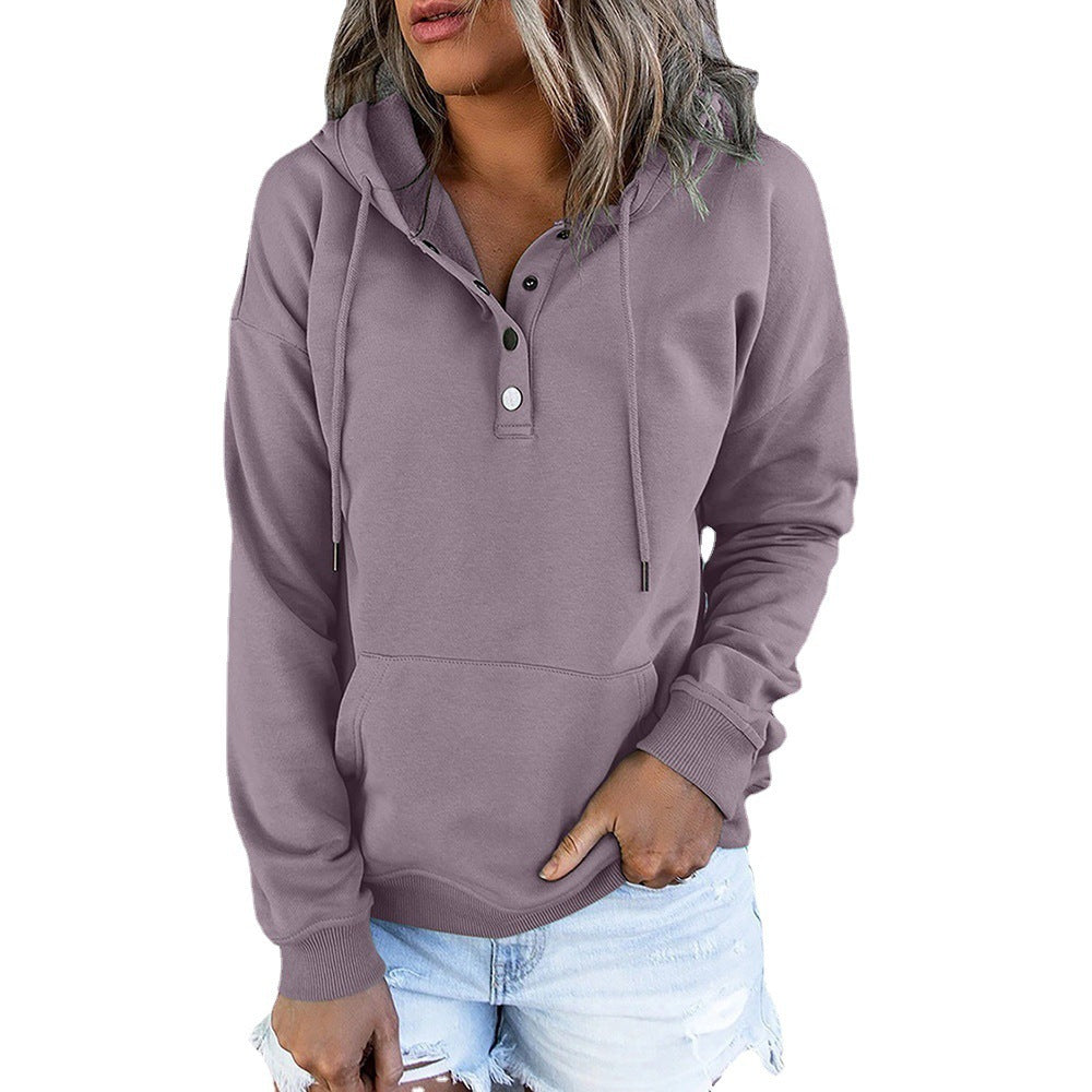 Button-Neck Hooded Sweatshirt with Pockets – Women's