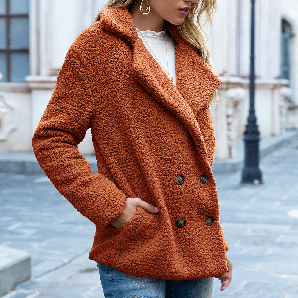 Lapel Fluffy Teddy Coat – Women's Button-Front Winter Jacket