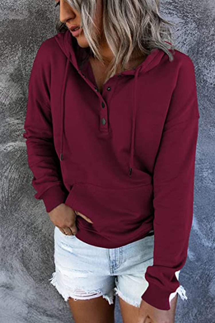 Button-Neck Hooded Sweatshirt with Pockets – Women's