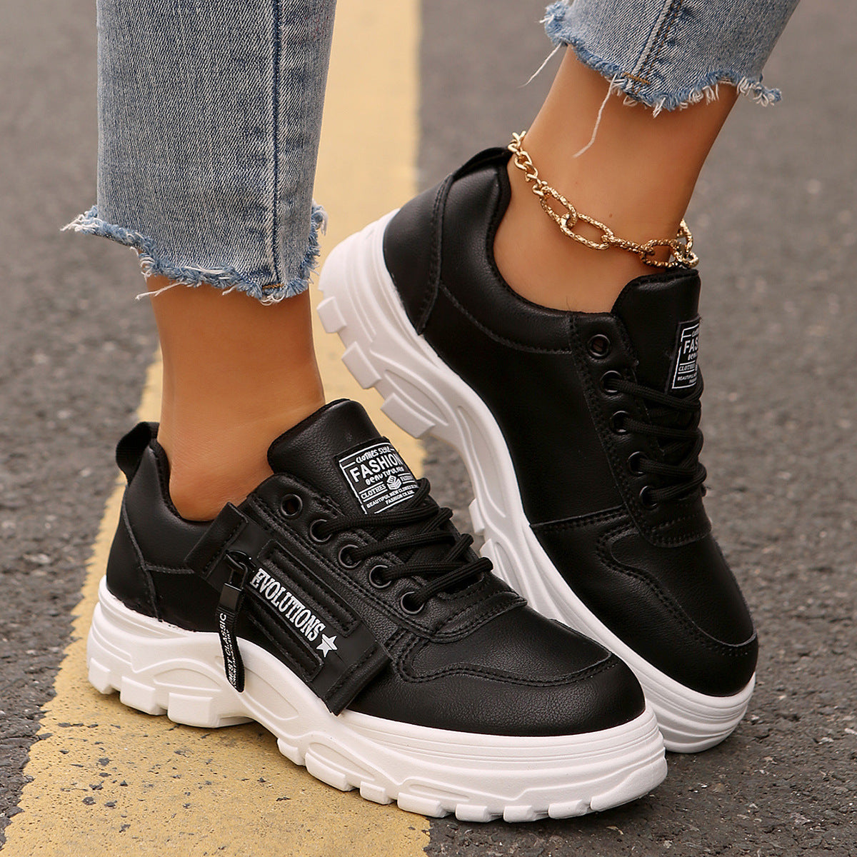 Thick-Sole Lace-Up Sneakers with Side Zip – Women's