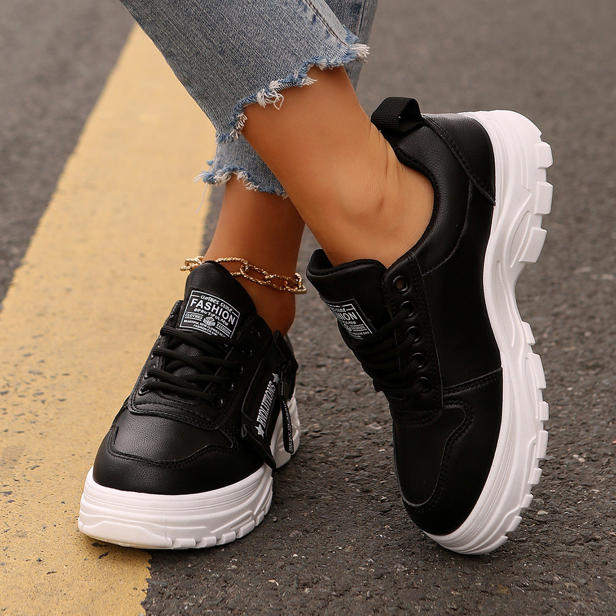 Thick-Sole Lace-Up Sneakers with Side Zip – Women's