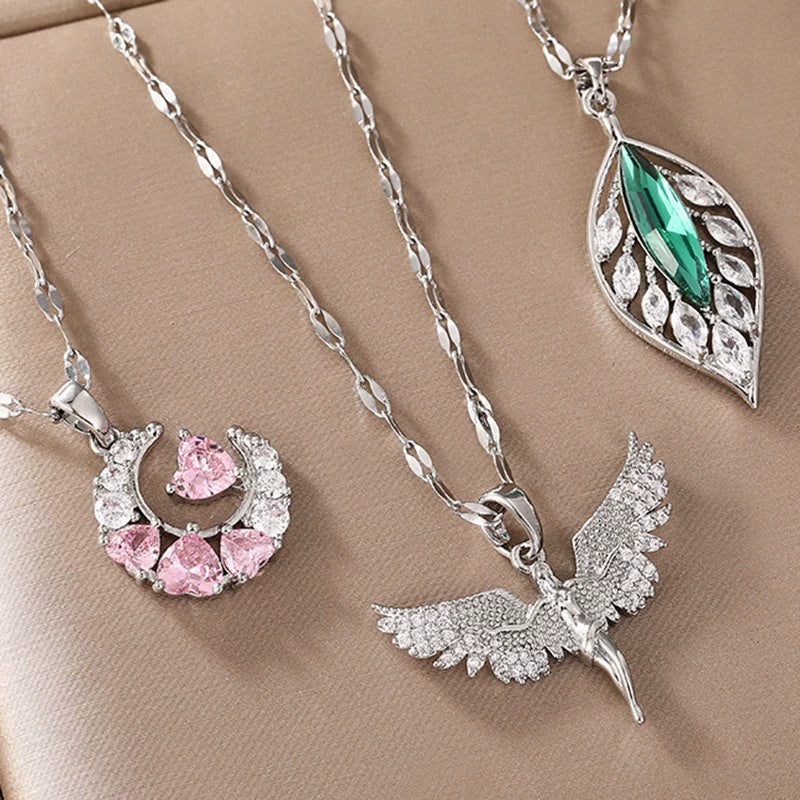 Dream Moon Pendant Necklace – Titanium Steel with Sparkling Stones
