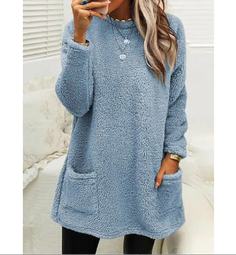 Plush Fleece Long Pullover Hoodie with Pockets – Women's
