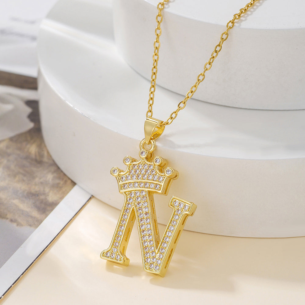 Crown Initial Pendant Necklace – Gold-Tone with Zircon