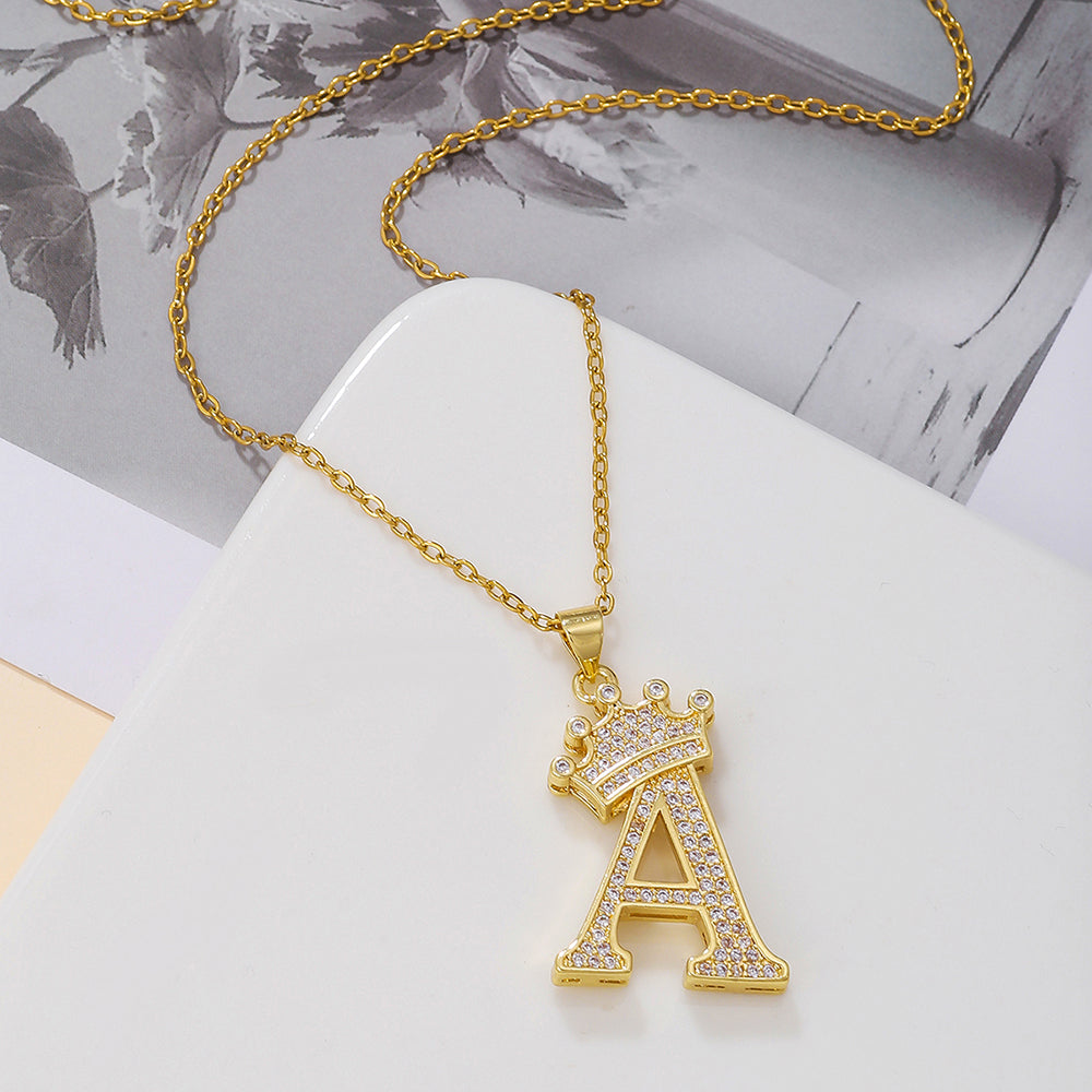 Crown Initial Pendant Necklace – Gold-Tone with Zircon