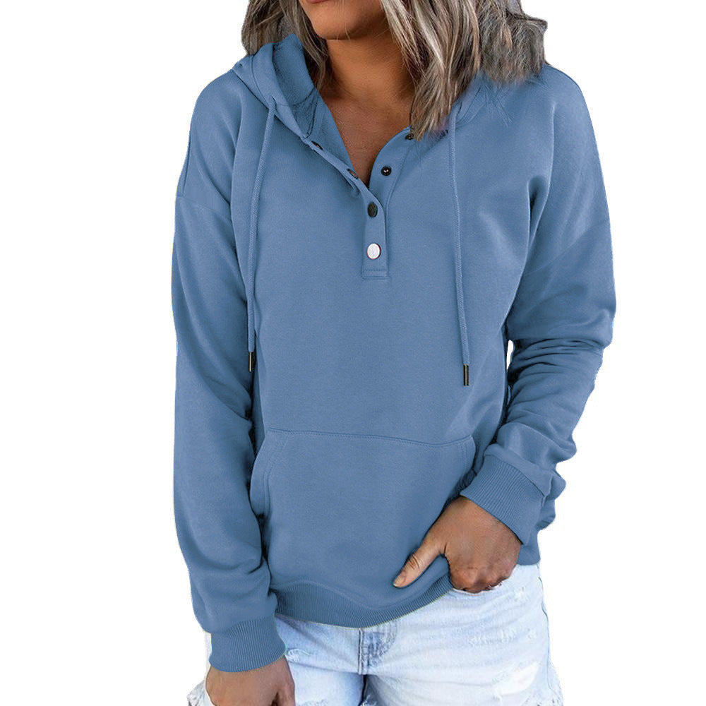 Button-Neck Hooded Sweatshirt with Pockets – Women's