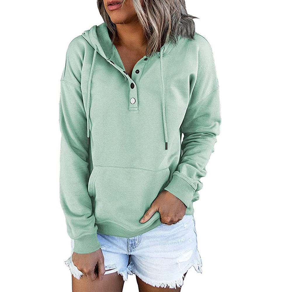 Button-Neck Hooded Sweatshirt with Pockets – Women's