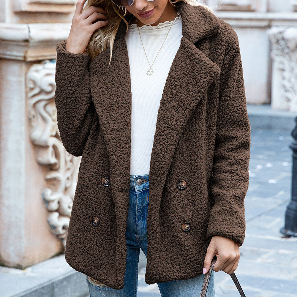 Lapel Fluffy Teddy Coat – Women's Button-Front Winter Jacket