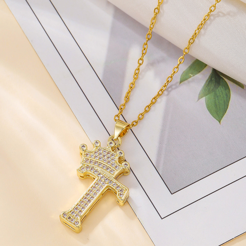 Crown Initial Pendant Necklace – Gold-Tone with Zircon
