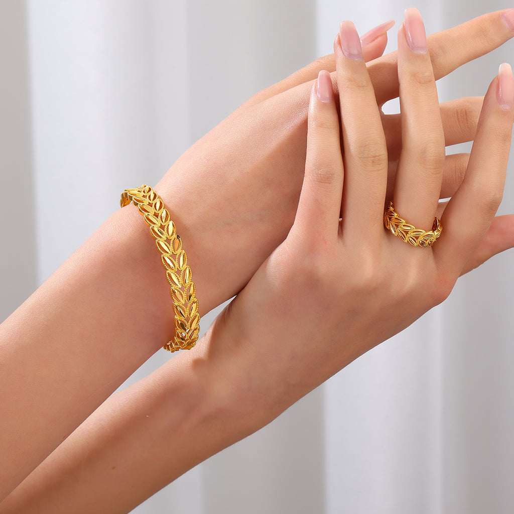 Gold-Plated Wheat-Leaf Open Cuff & Ring Set (2 pcs)