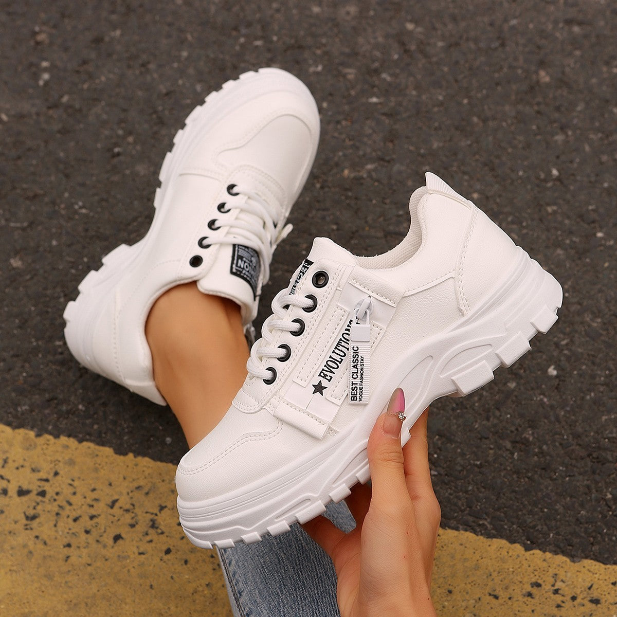 Thick-Sole Lace-Up Sneakers with Side Zip – Women's