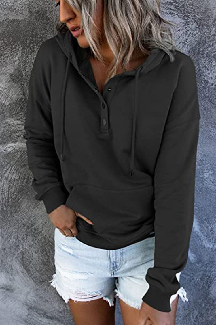 Button-Neck Hooded Sweatshirt with Pockets – Women's