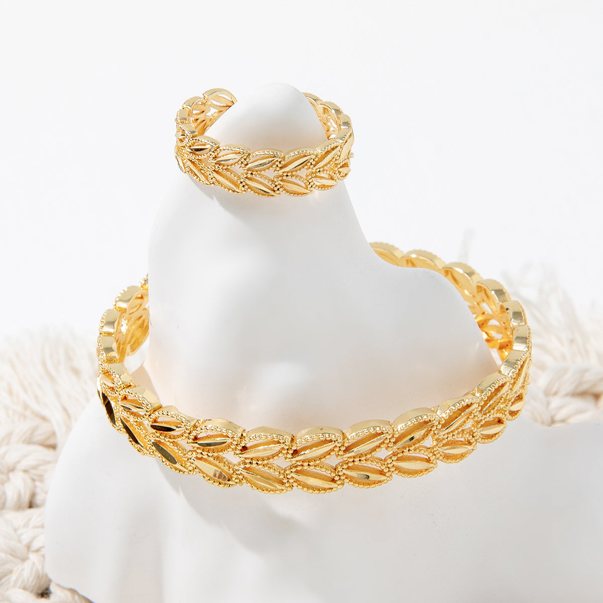 Gold-Plated Wheat-Leaf Open Cuff & Ring Set (2 pcs)