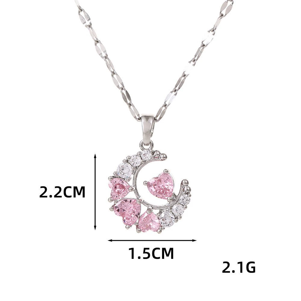 Dream Moon Pendant Necklace – Titanium Steel with Sparkling Stones