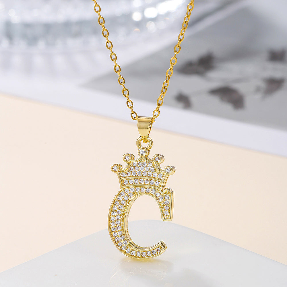 Crown Initial Pendant Necklace – Gold-Tone with Zircon