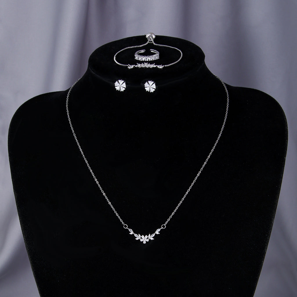 Zircon Flower 5-Piece Jewelry Set – Silver-Tone
