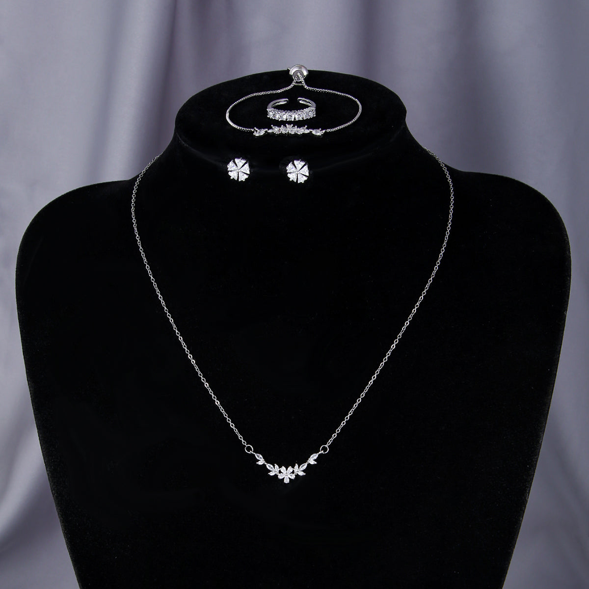 Zircon Flower 5-Piece Jewelry Set – Silver-Tone