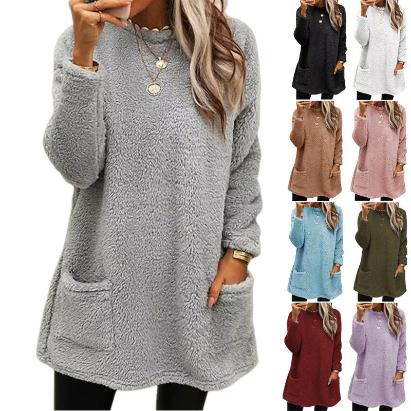 Plush Fleece Long Pullover Hoodie with Pockets – Women's
