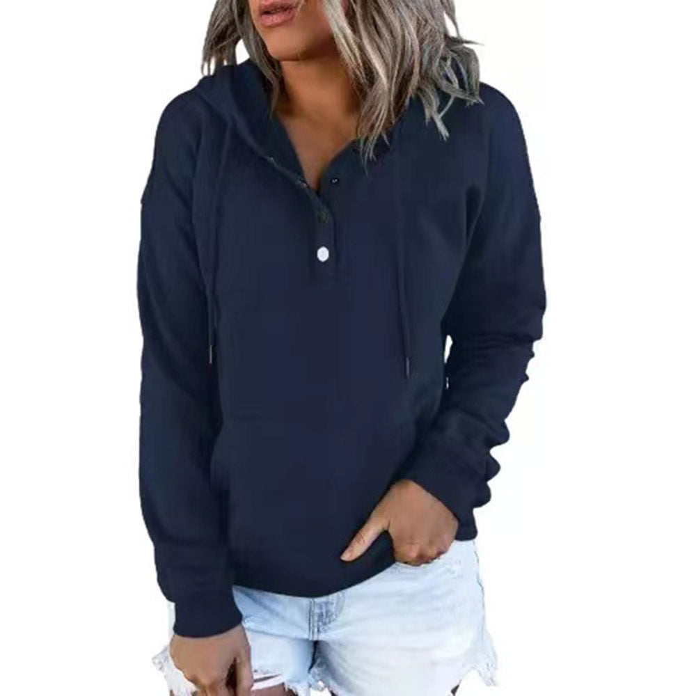 Button-Neck Hooded Sweatshirt with Pockets – Women's