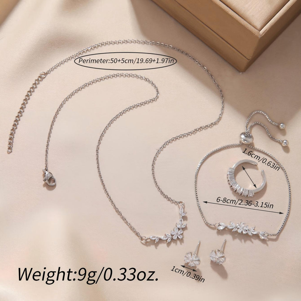 Zircon Flower 5-Piece Jewelry Set – Silver-Tone