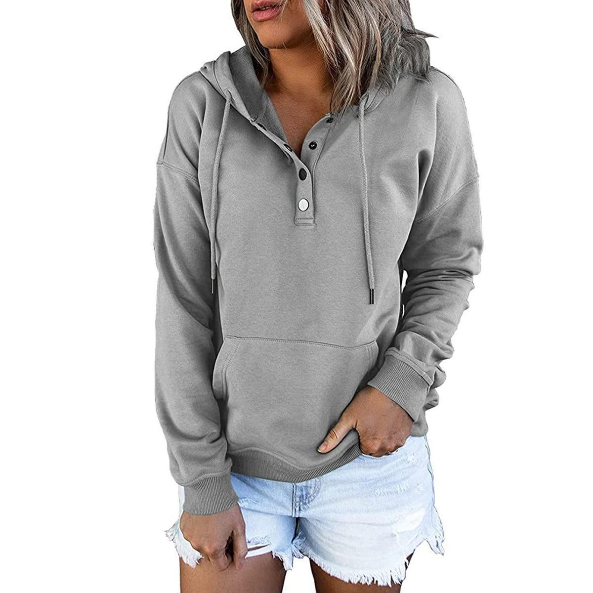 Button-Neck Hooded Sweatshirt with Pockets – Women's