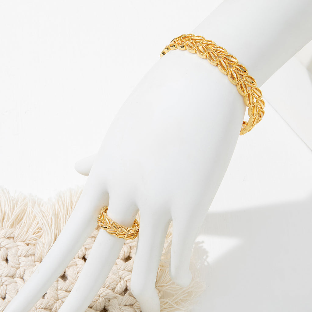 Gold-Plated Wheat-Leaf Open Cuff & Ring Set (2 pcs)