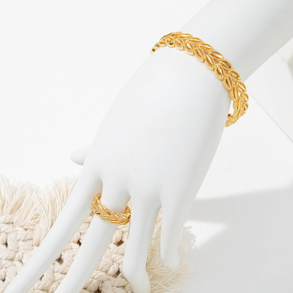 Gold-Plated Wheat-Leaf Open Cuff & Ring Set (2 pcs)