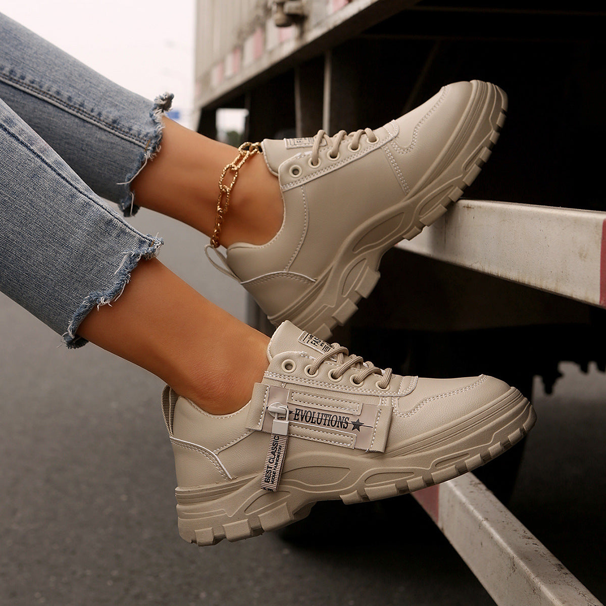 Thick-Sole Lace-Up Sneakers with Side Zip – Women's