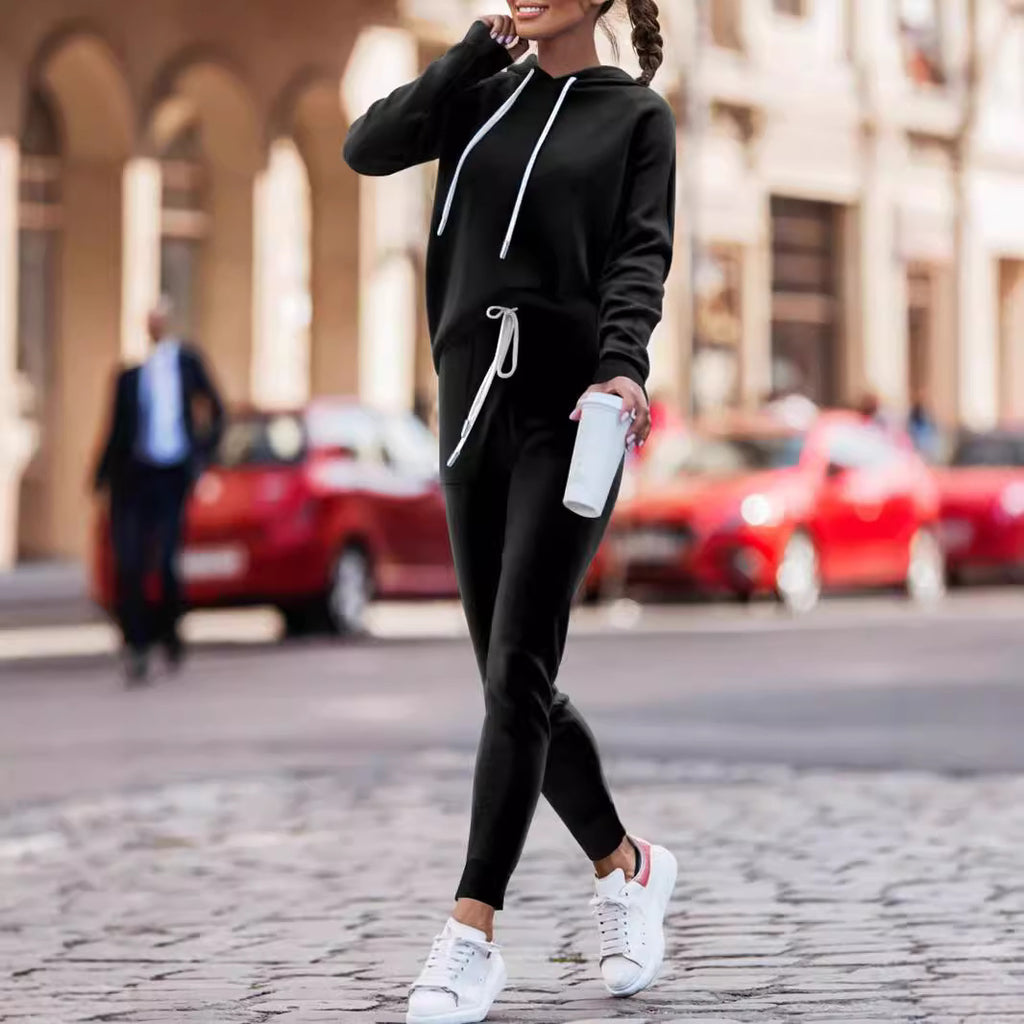 Cozy Drawstring Hoodie & High-Waist Jogger Set – Women's 2-Piece