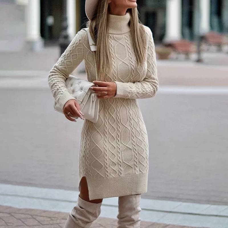 Turtleneck Knit Midi Dress with Side Slit – Women's
