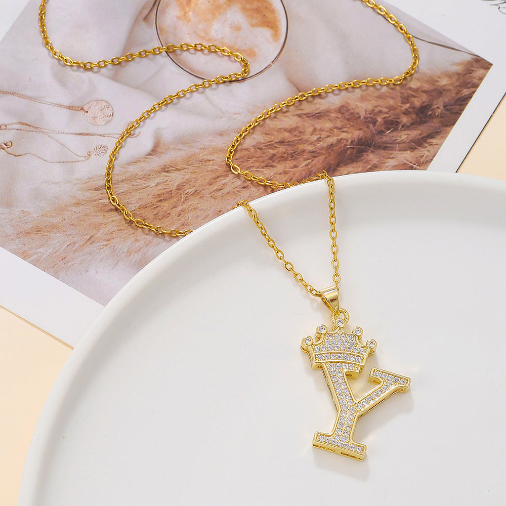 Crown Initial Pendant Necklace – Gold-Tone with Zircon