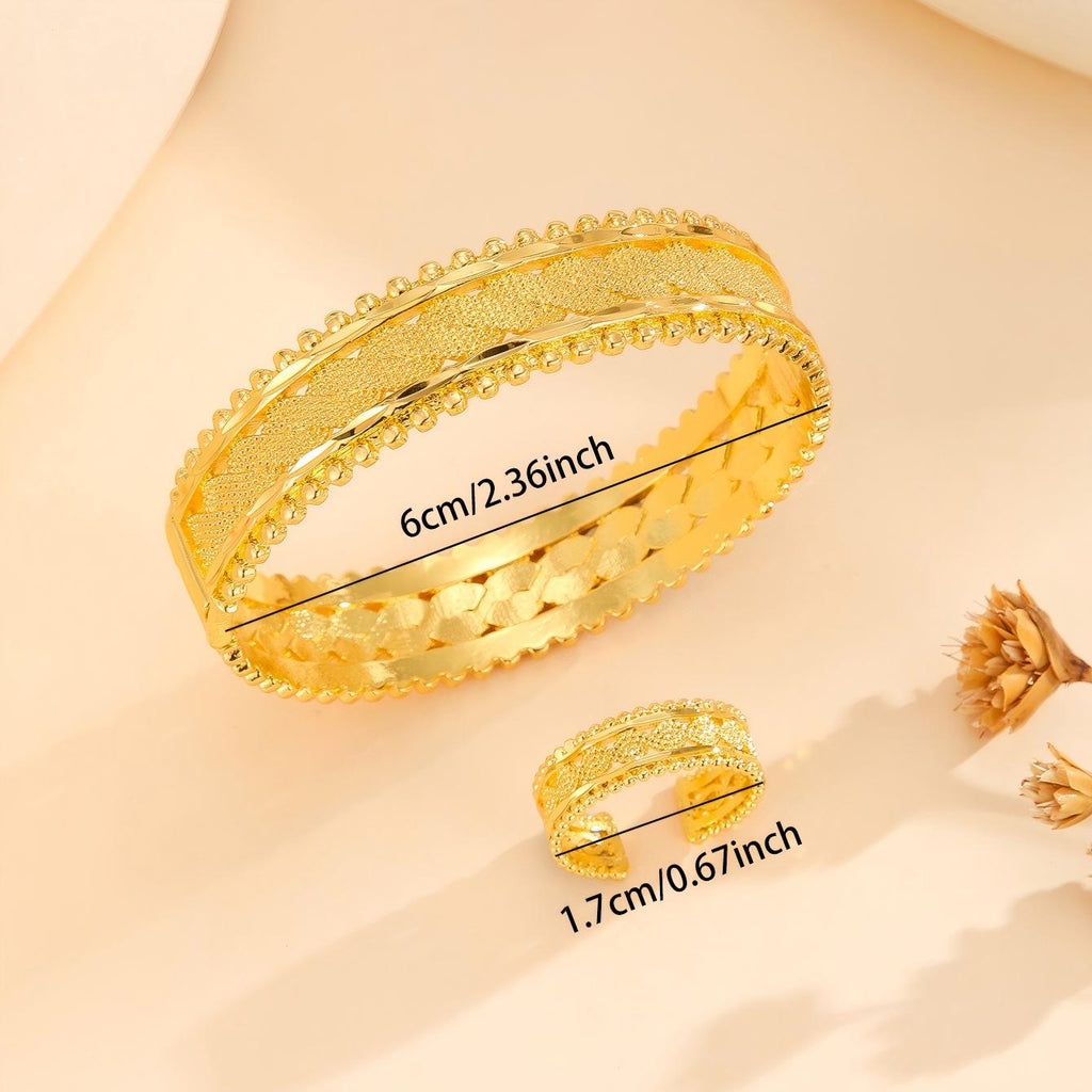 Vintage Gold-Plated Floral Cuff Bracelet & Ring Set (2 pcs)