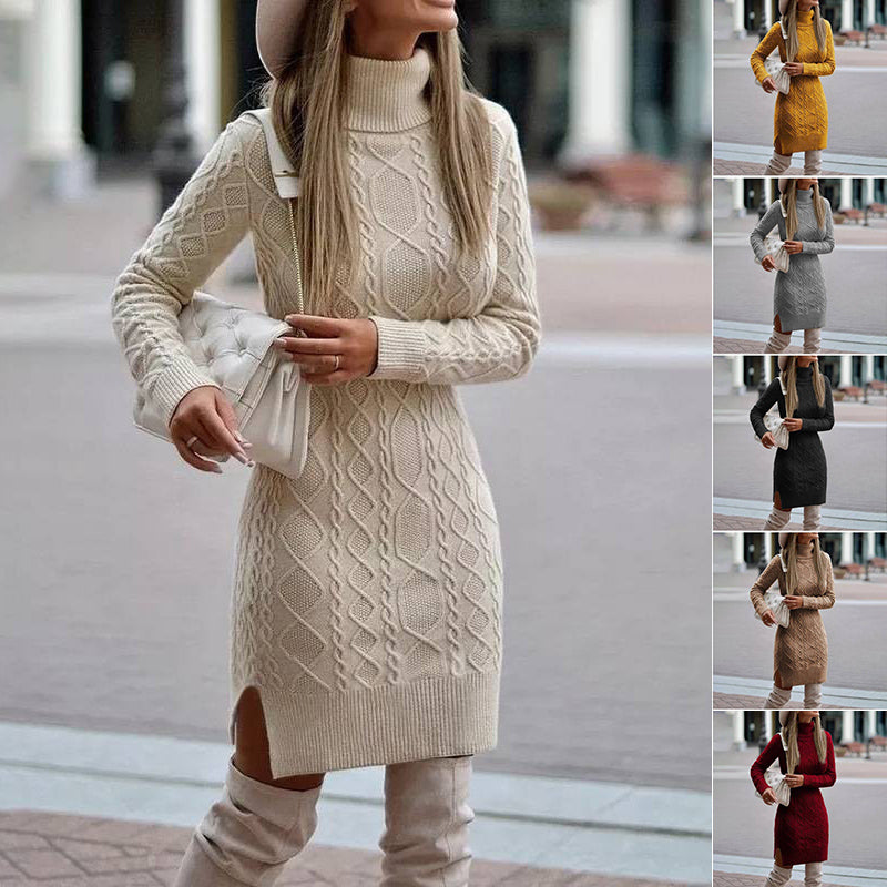Turtleneck Knit Midi Dress with Side Slit – Women's