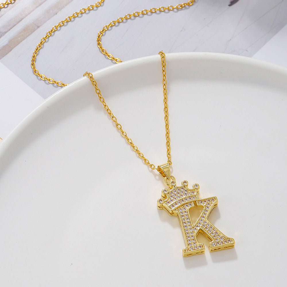 Crown Initial Pendant Necklace – Gold-Tone with Zircon