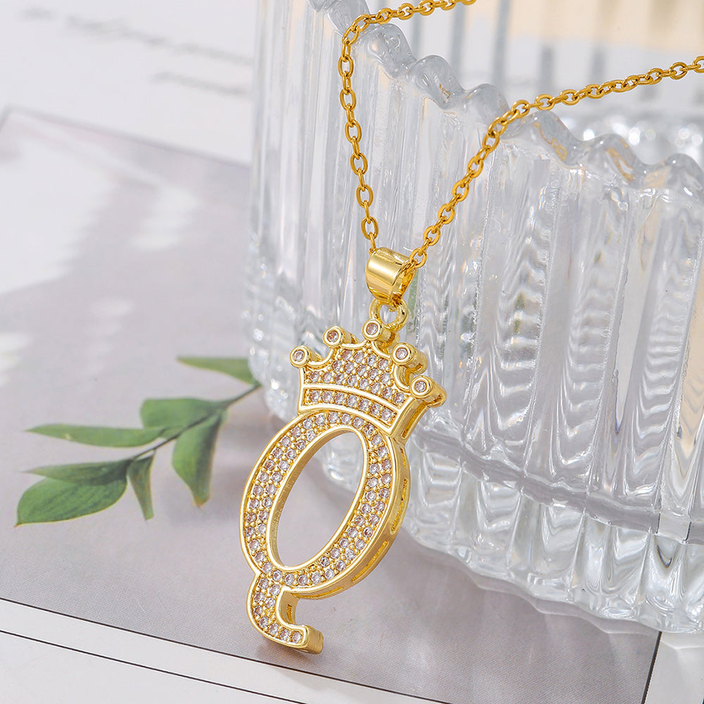 Crown Initial Pendant Necklace – Gold-Tone with Zircon