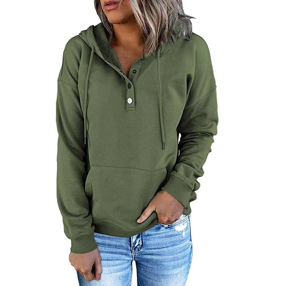 Button-Neck Hooded Sweatshirt with Pockets – Women's