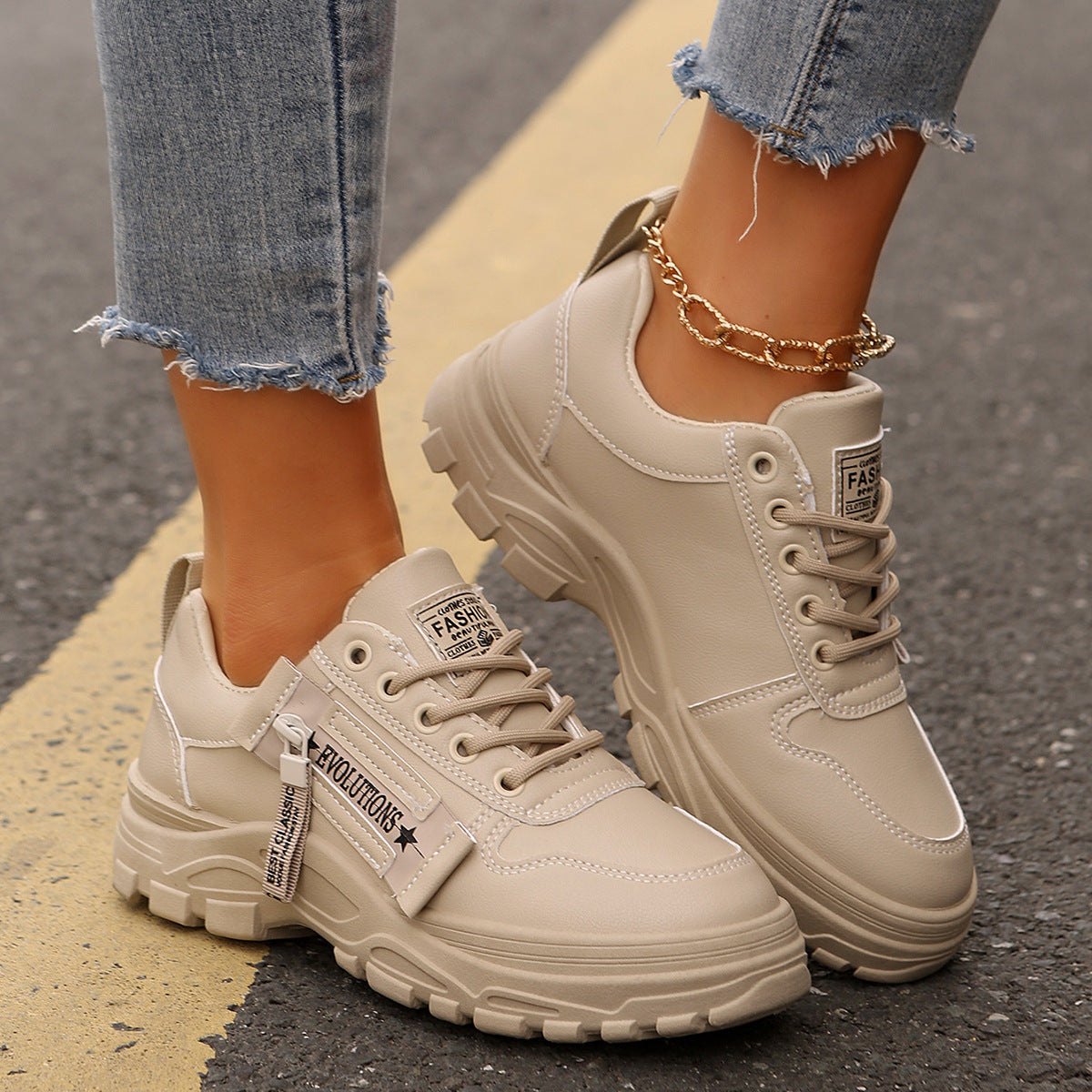 Thick-Sole Lace-Up Sneakers with Side Zip – Women's