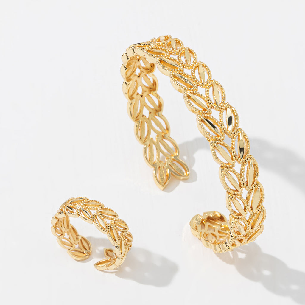 Gold-Plated Wheat-Leaf Open Cuff & Ring Set (2 pcs)