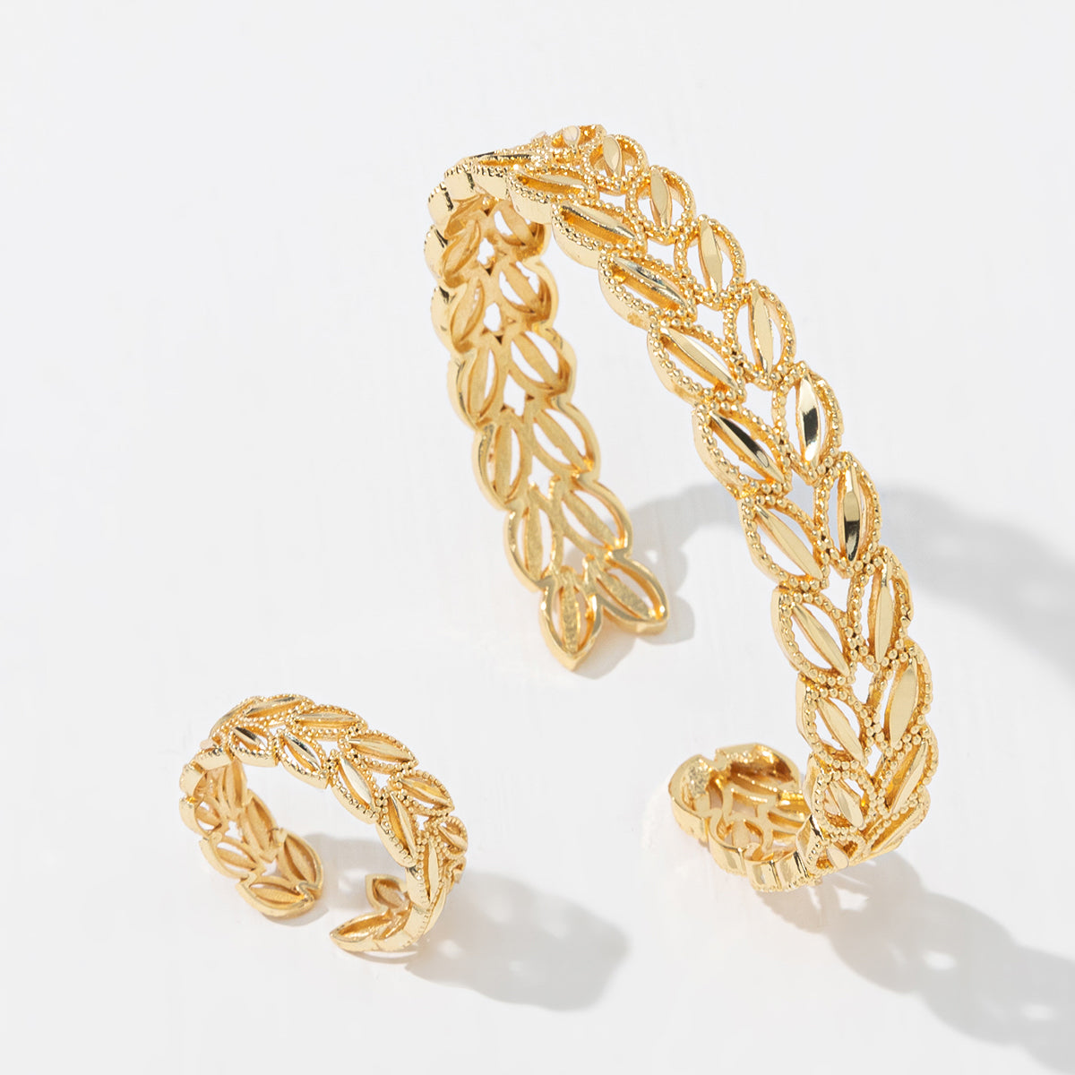 Gold-Plated Wheat-Leaf Open Cuff & Ring Set (2 pcs)
