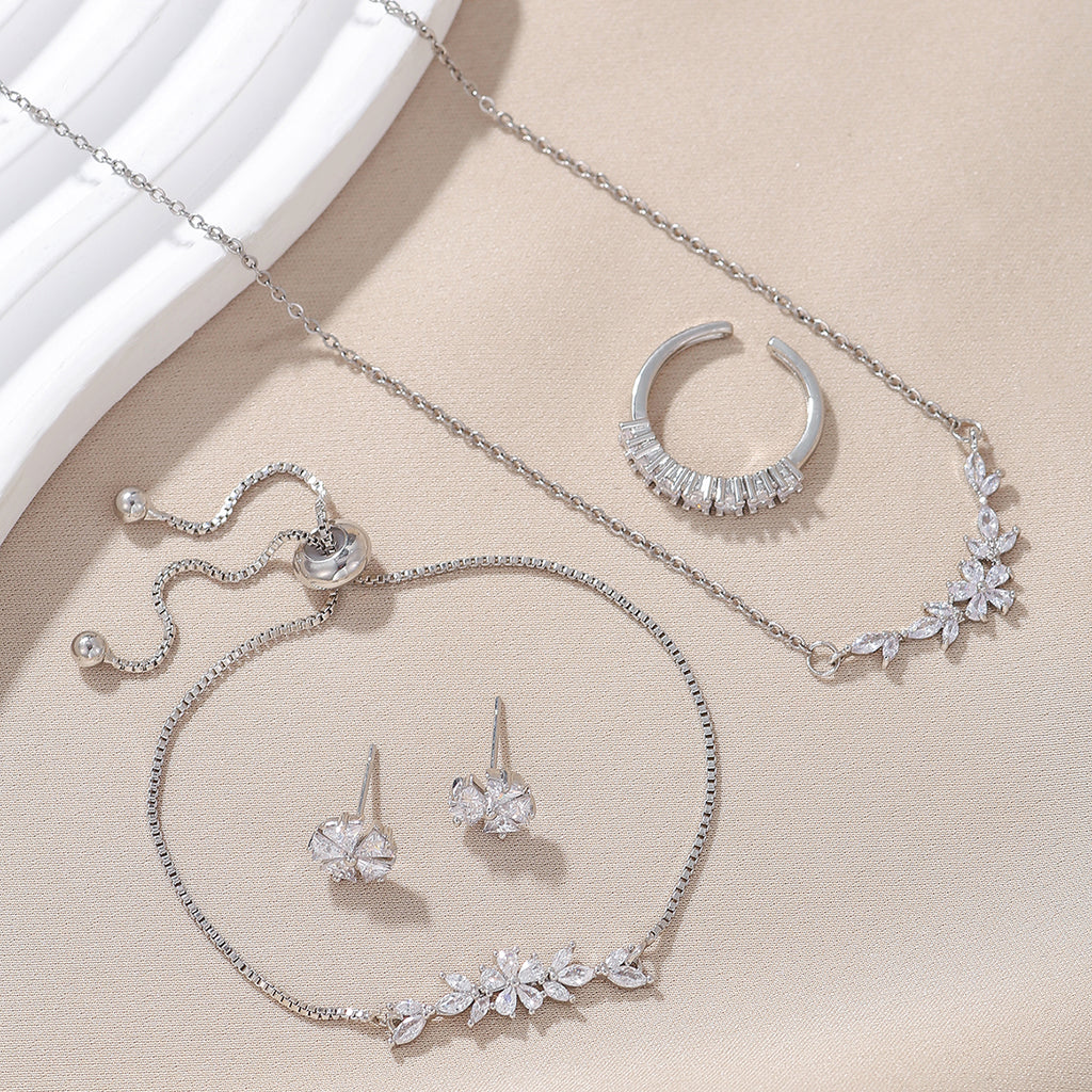 Zircon Flower 5-Piece Jewelry Set – Silver-Tone
