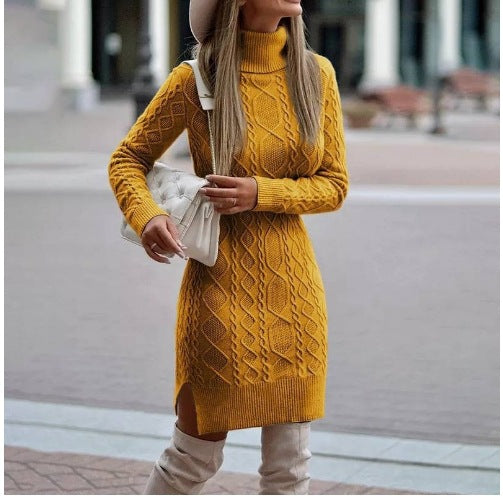 Turtleneck Knit Midi Dress with Side Slit – Women's