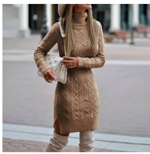 Turtleneck Knit Midi Dress with Side Slit – Women's