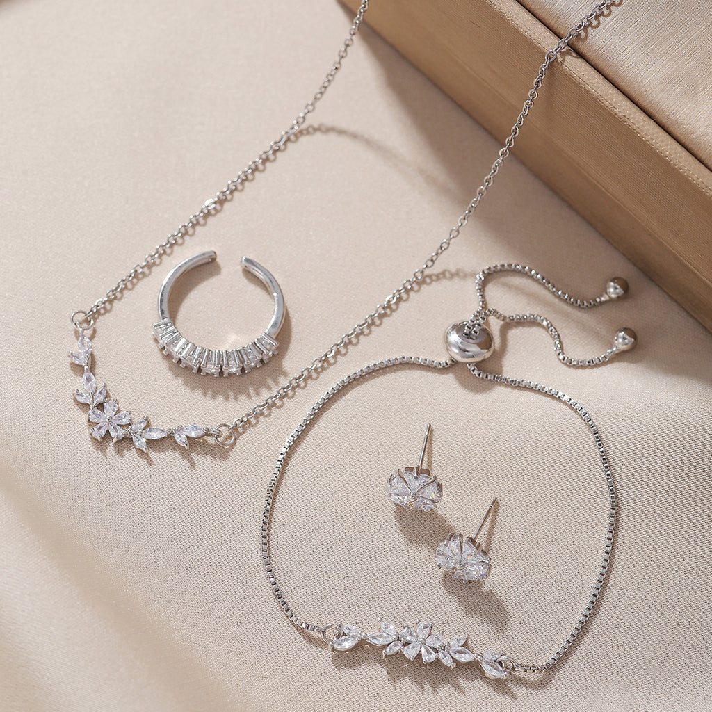 Zircon Flower 5-Piece Jewelry Set – Silver-Tone