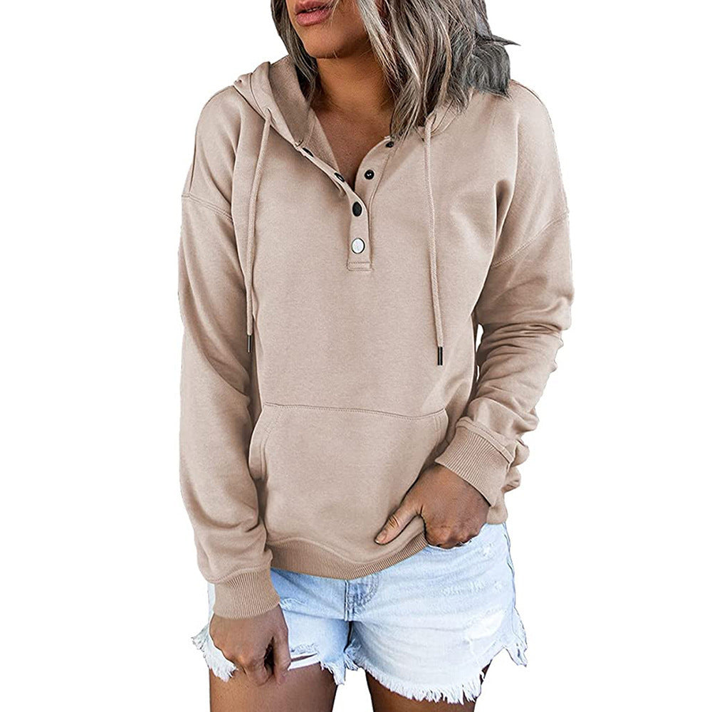 Button-Neck Hooded Sweatshirt with Pockets – Women's