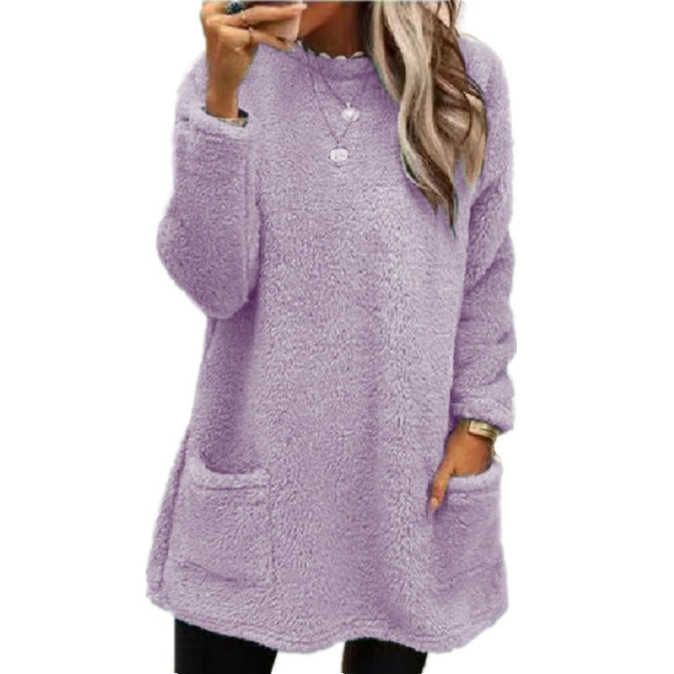 Plush Fleece Long Pullover Hoodie with Pockets – Women's