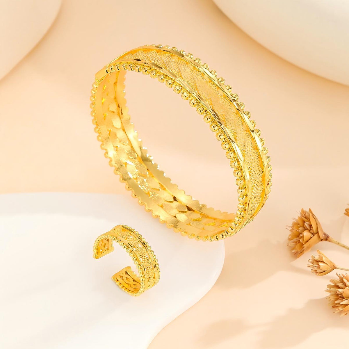 Vintage Gold-Plated Floral Cuff Bracelet & Ring Set (2 pcs)