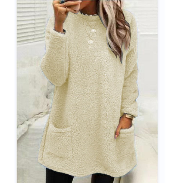 Plush Fleece Long Pullover Hoodie with Pockets – Women's