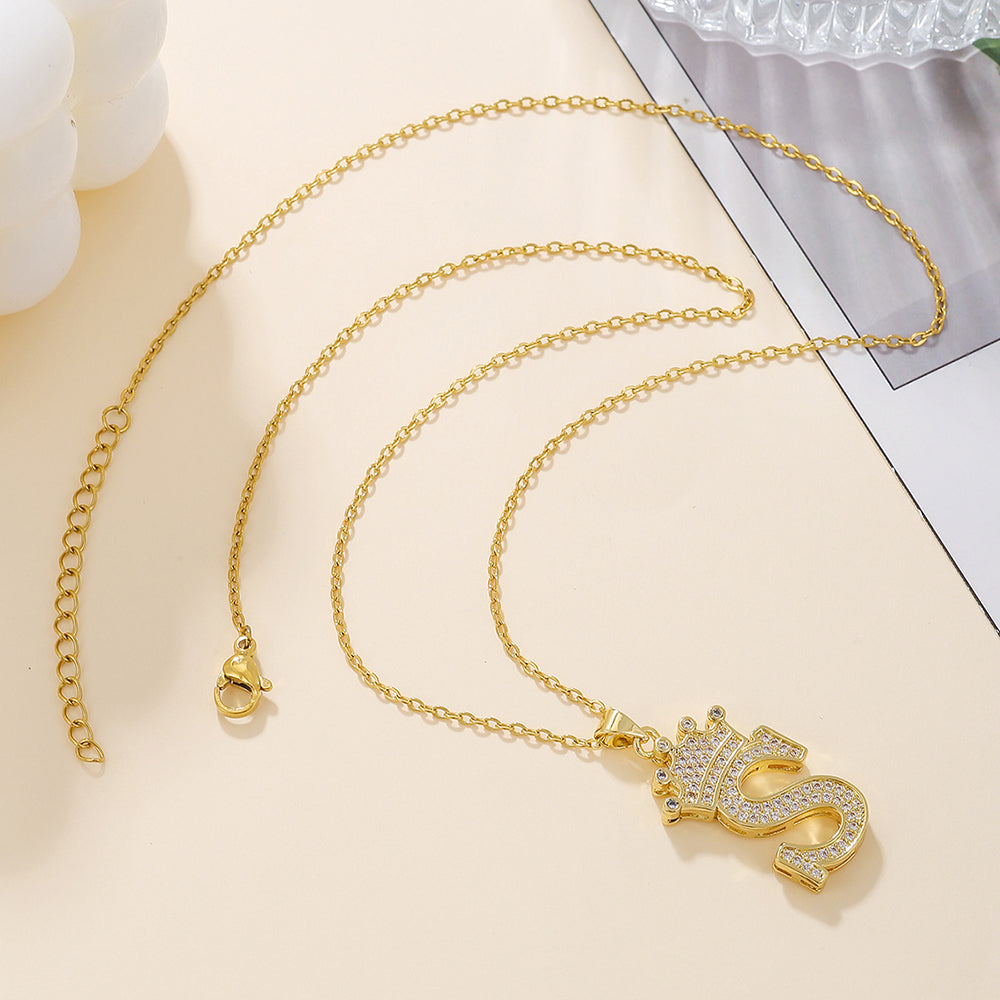 Crown Initial Pendant Necklace – Gold-Tone with Zircon